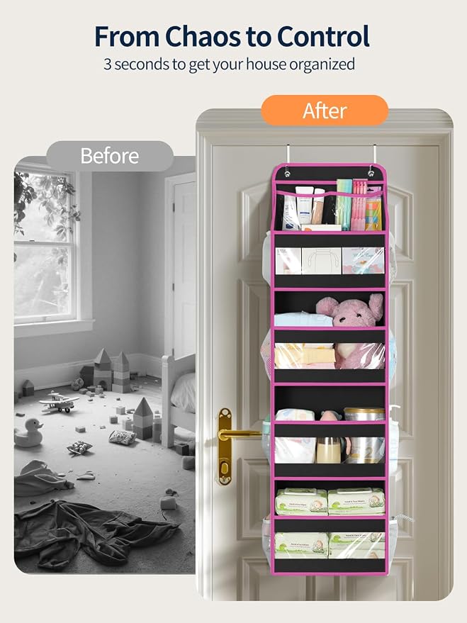 Yecaye 5 Tier Over the Door Organizer, Swing-proof Door Organizer Hanging with Clear PVC Windows, Behind the Door Storage for Bedroom Nursery Closet Laundry Pantry Bathroom, Pink and Black