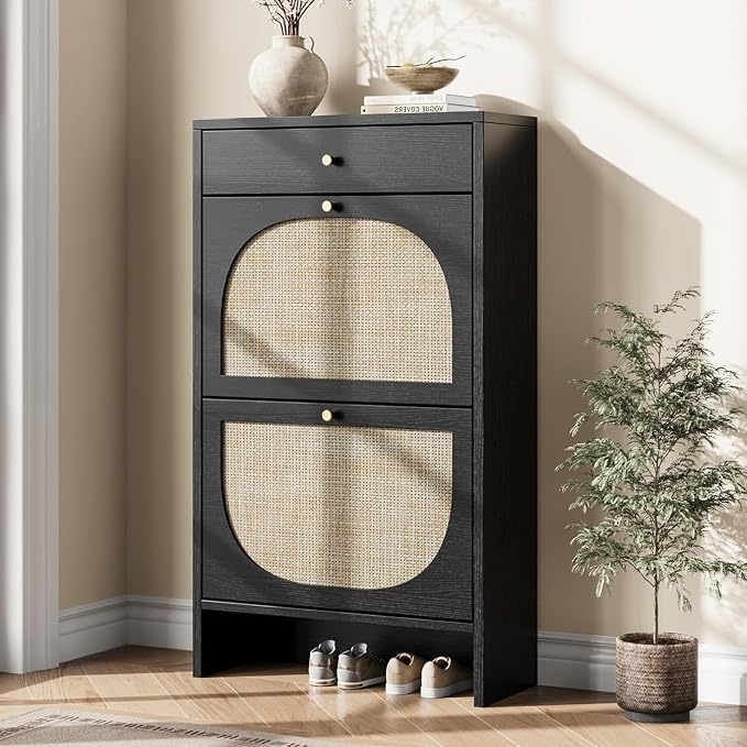 Nicetree Shoe Cabinet for Entryway, Slim Shoe Rack with 2 Flip Drawers and Top Storage Drawer, Narrow Shoe Organizer with Printed Rattan-Look Design, Entryway Shoe Storage for Size 12 Shoes, Black