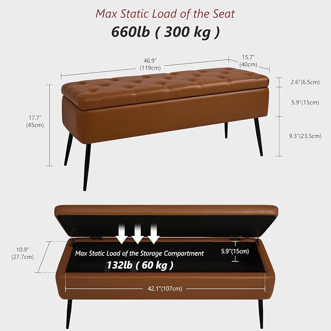 kinmars Leather Storage Ottoman Bench, End of Bed Bench with Steel Legs | Brown Leather Button Tufted Design | 660 lb Capacity | Safety Hinges | Mid-Century Modern Style | Bedroom & Entryway