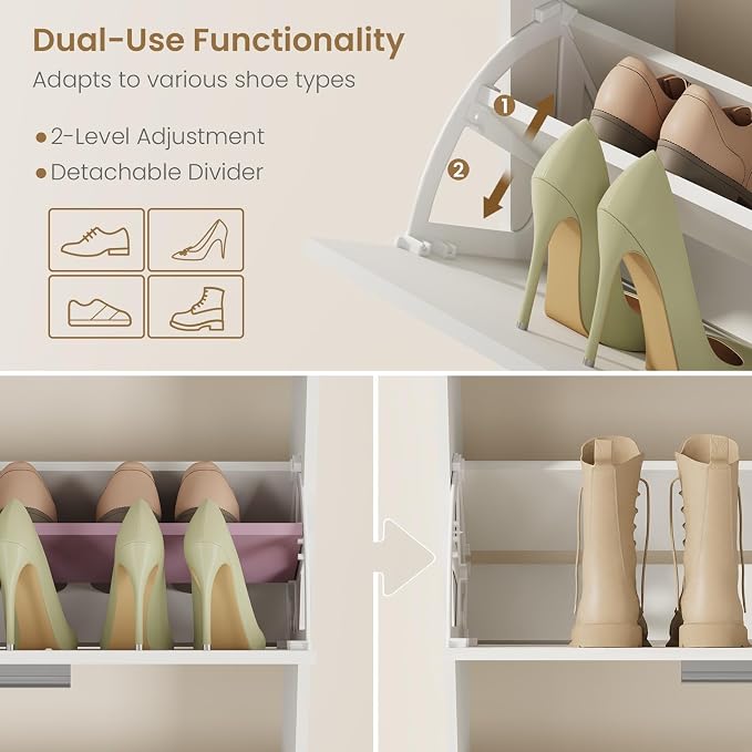 Modern Shoe Cabinet Organizer with 6 Flip Drawers, 47.2" W White | Freestanding shoe storage cabinet for entryway,foyer and hallway, space-saving flip drawers,Adjustable Shelves & 2 Hooks