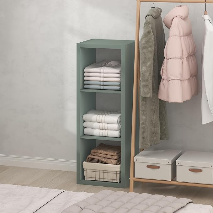 Furinno Cubic Extra Thick 3-Cube Closet Organizers and Storage, Sage Green | 14.6 x 16 x 44 in, Open Shelf Closet Storage, Closet Organizer, for Wardrobe, Bedroom, Living Room