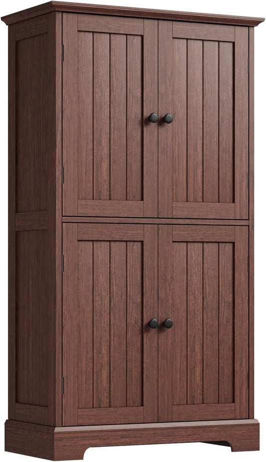 ChooChoo Bathroom Floor Cabinet with Adjustable Shelves | Bathroom Storage Cabinet, 4 Doors, Freestanding Cupboard for Living Room, Kitchen Pantry, Walnut