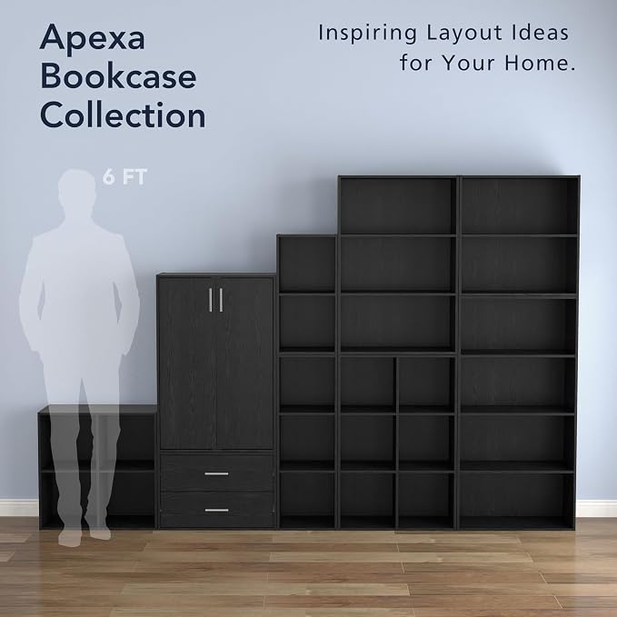 Homes: Inside + Out Apexa 6-Cube Storage Organizer Shelves, Stackable Wood Bookcase Fits Cubby Bins for Organization, Dorm Teen Room Decor & Home Office, Black