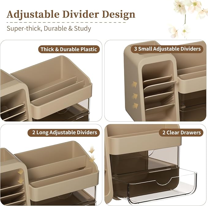 Makeup Organizer Countertop with DIY Adjustable Brush Holder for Vanity | Thickened Material, Large Bathroom Organizer Skincare Storage for Perfume, Lipstick, Nail Polish, Eyeshadow Palettes, Brown
