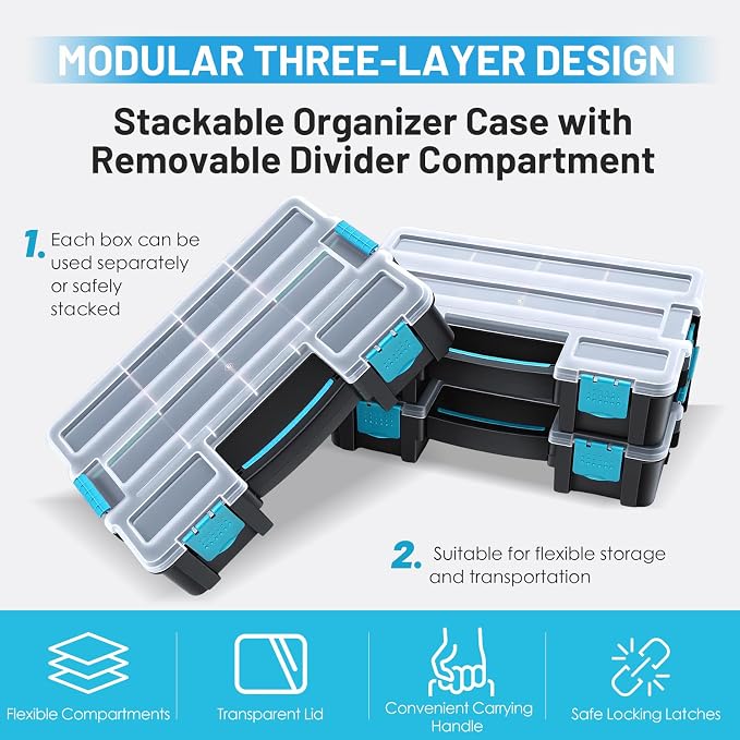 famuka Tool Storage Boxes 3-Pack Small Parts Organizers (Blue) | 10 Compartments with Removable Divides