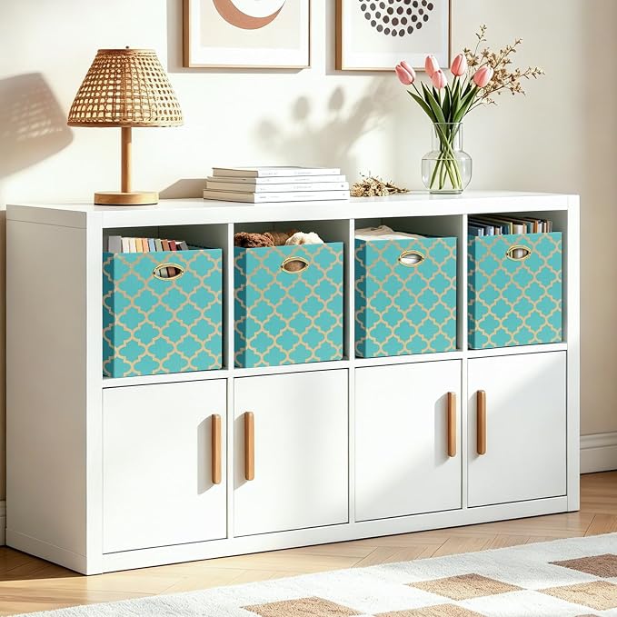 Posprica 13x13x13 Storage Cube Bins, Collapsible Storage Bins Fabric Storage Cubes Organizer Baskets Box Drawers for Shelves, Closet, Wardrobe, Bookshelf, Cabinet, Sky Blue/Gold Lantern, 4 Pack