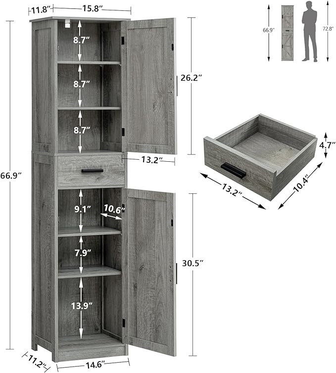 TEENFON Tall Bathroom Cabinet, Storage Cabinet with 6 Shelves & Drawer, Bathroom Storage Cabinet with Adjustable Shelves, Tall Cabinet for Living Room, Home Office, Grey