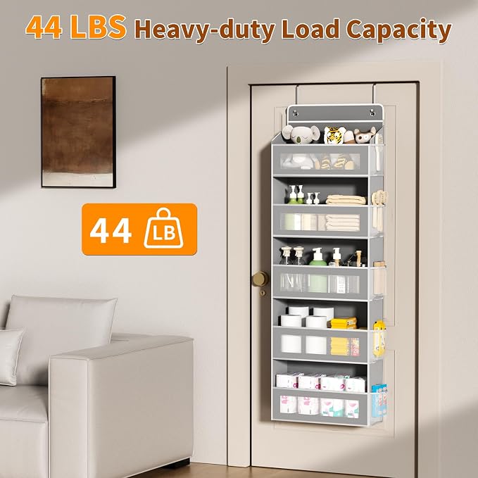 AQOOA 5-Tier Over The Door Organizer 44 lbs Capacity fit Standard Doors | Over the Door Storage 5 Large 10 Side Pockets, Closet Door Organizer Hanging Shelf for Closet Bathroom Bedroom Nursery, Grey