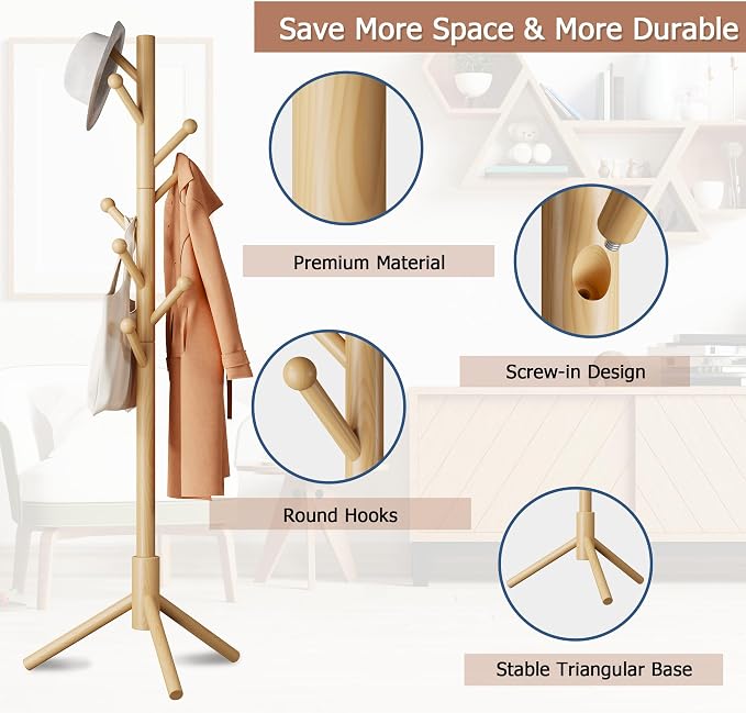8-Hook Freestanding Coat Rack 3 Heights Safe Round Tips Nature | Smooth Round Tips Prevent Slipping,Tool-Free Assembly,Holds Clothes Hats Handbags,Ideal for Entryway Bedroom Hallway Office