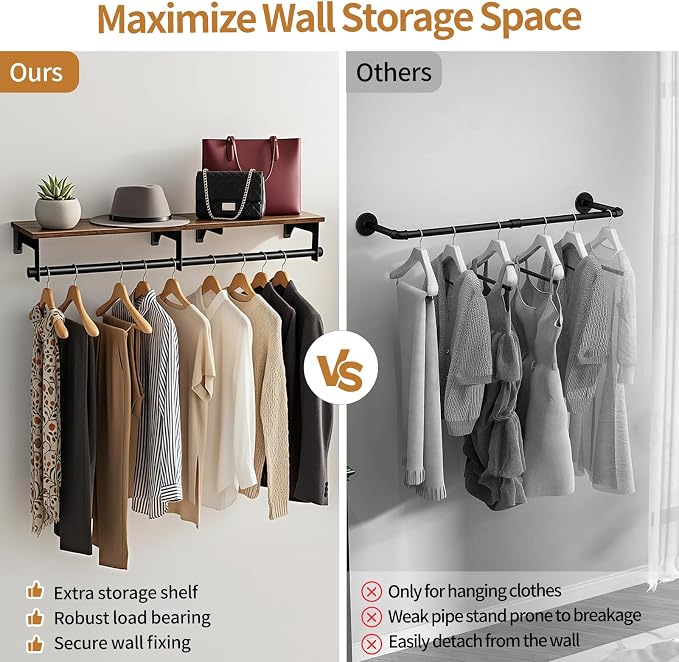 Luxspire 43.3" Wall Mount Clothes Rack with Wood Top Shelf Hanging Clothes | Black + brown, heavy duty rust-resistant metal, extra top shelf decor storage, easy install on wood brick walls