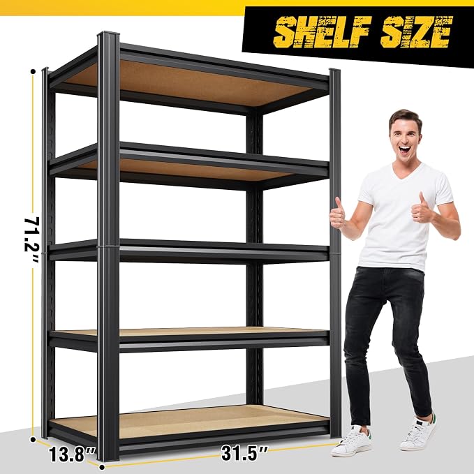 4-Pack Garage Shelving for Multi-Room Home Storage & Organization, 71"H x 32"W x 14"D 5-Tier Adjustable Metal Storage Rack for Tools, Household Items, Garage, Workshop,Pantry&Basement Storage