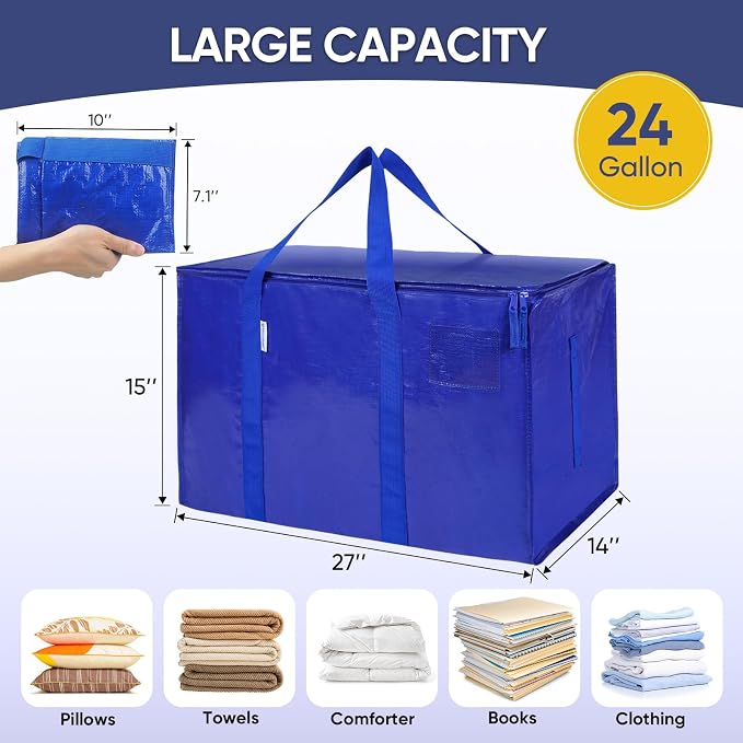 TICONN 4 Pack Extra Large Moving Bags Heavy Duty with Zippers & Carrying Handles, Durable Storage Bags Moving Boxes for Closet Organizers and Storage (4 Pack, Blue)