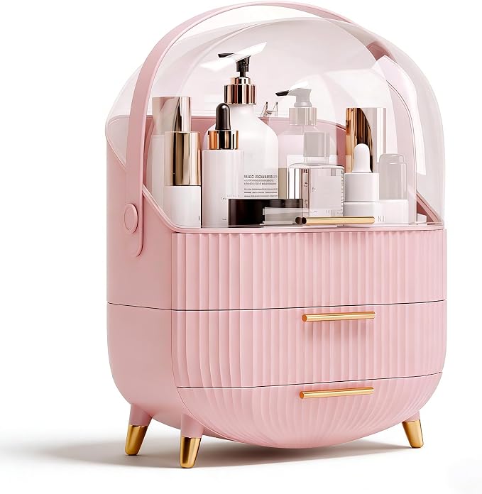 lurcns Vanity Organizer with Lid and Drawers, Beauty Skin Care Storage for Countertop, Birthday Gift for Teen Girls, 10 11 12 13 14 15 16 17 18 Year Old Girl Gifts, Pink Makeup Holder for Dresser | for Vanity