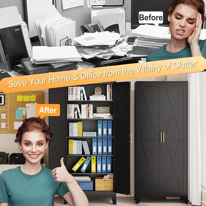 75.2" Tall Metal Kitchen Pantry Storage Cabinet, Freestanding Cupboard with 2 Doors and 5 Adjustable Shelves, Standing Storage for Kitchen, Bathroom, Garage, Dinning Room or Utility Room（Black）