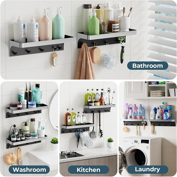 2 Pack Shower Caddy Adhesive with 5 Hooks & Drainage, No-Drill, Silver | Plastic Wall Bathroom Shelf Rack Organizer, Inside Shower Storage Holder for Bath Accessories, Rustproof Bathroom Shelves