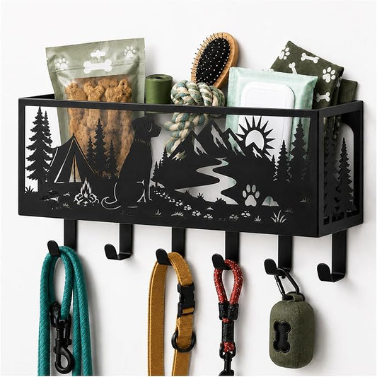 Custom Dog Leash Holder for Wall Pet Supply Organizer with Storage Basket | Custom metal dog leash holder, pet supply organizer with storage basket, wall mount hooks for entryway and dog accessories