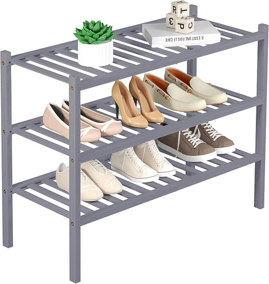 ROMGUAR CRAFT 3 Tier Bamboo Shoe Rack for Closet Free Standing Wood Shoe Shelf Storage Organizer for Entryway Small Space Stackable 27"x11"x20" (Grey)