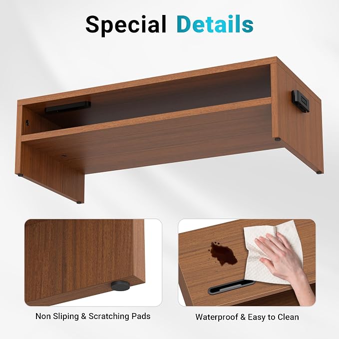 BONTEC Wood Monitor Stand Riser, 2-Tier Desktop Organizer | Ergonomic Computer Stand for Desk, Cable Management, Cellphone Holder, 21.3 Inch Shelf, Walnut