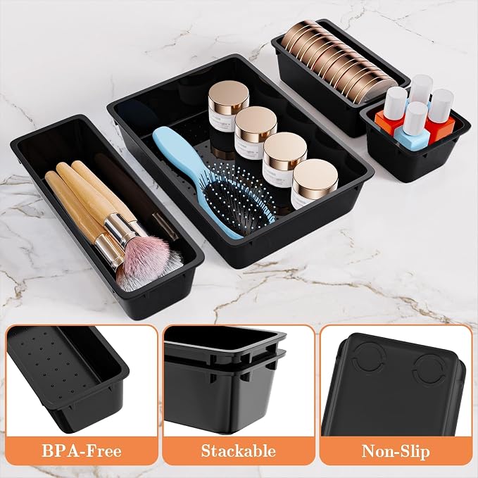 SpaceHacks 25 PCS Plastic Drawer Organizer Set, 4-Size Versatile Organizer Trays & storage Bins for Makeup, Jewelry, and Gadgets in Bathroom, Bedroom and Office, Black