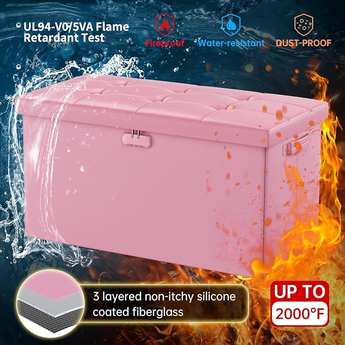ENGPOW Storage Ottoman Bench,Fireproof Folding Bench with Lock,30 Inches Fire＆Water Resistant Storage Chest Foot Rest Stool Leather Bedroom Ottoman Safe for Documents,Valuables, Pink
