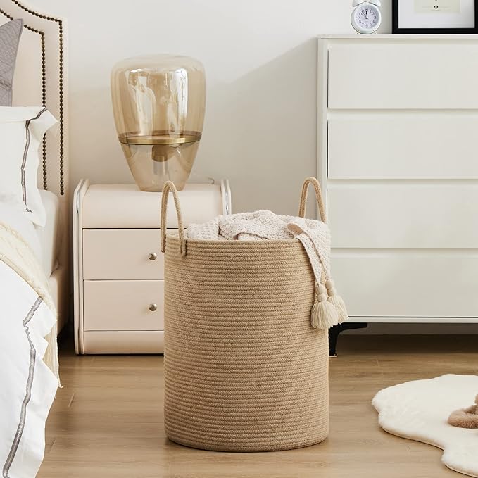 Woven Rope Laundry Hamper Basket by YOUDENOVA, 72L Tall Luandry Basket, Baby Nursery Hamper for Blanket Storage in Bedroom-Large-Jute | Large Laundry Hamper with Sturdy Handles, Collapsible Home Decor Laundry Basket for Laundry, Clothes, Toys in Bedroom