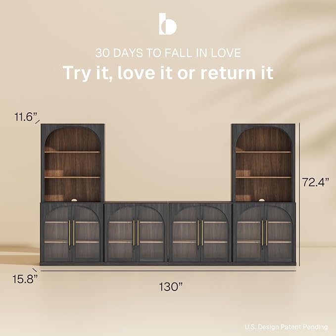 BELLEZE 6-Piece Modular TV Stand Set - 4 Arched Glass Door Entertainment Center & 2 Hutch Storage Units, Classic Modern Large Media Console with Adjustable Shelves for Living Room Family Room, Ebony