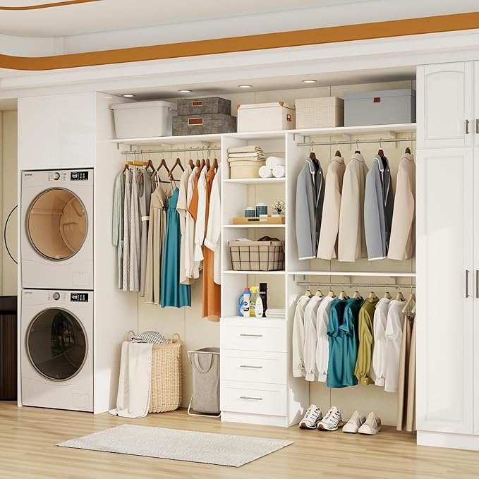 Closet System with Drawers, 5FT-8FT Closet Organizer System with Shelves & Expandable Hanging Rods, Walk in Storage Closet System Wood, White