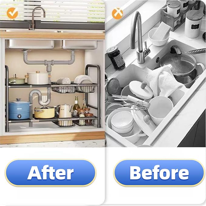 Under Sink Organizer，2 Tier Expandable Heavy Duty Metal Shelf，with 5 Removable Panels and 5 Storage Basket for Under Kitchen Bathroom Sink Organizers and Storage (White, X-Large)