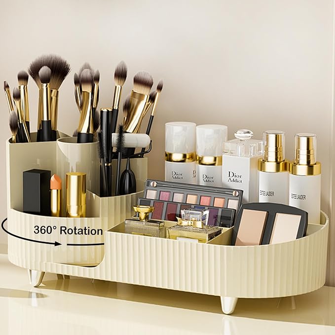 Rotating Makeup Organizer for Vanity with Brush Holder, Cosmetic Makeup Storage Organizer, Large Spinning Makeup Skincare Organizer, Countertop Makeup Perfume Organizer, Lotions Display Case Ivory