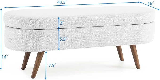 43.5” Storage Ottoman Bench，Upholstered Oval End of Bed Bench for Bedroom | Modern Linen Ottoman with Storage, Entryway Foot Rest with Wooden Legs, Lift-Top Lid with Safety Hinge, Living Room, White