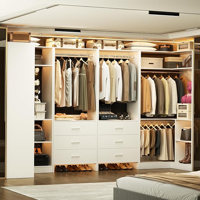 Aheaplus Closet System with 6 Drawers, 6 Hanging Rods & Corner Tower, Corner Closet System with Hanging, 112.5" U-Shaped Walk-In Wardrobe Organizer, 2000+ lbs Capacity, Set of 4, -U4, White