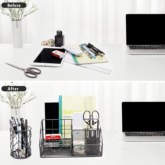 KAAKOW Black Desk Organizers and Accessories Office Supplies Set Stapler, Pen Holder, Phone Holder, Scissors, Pen, Ruler, 30 Paper Clips, 22 Binder Clip, 20 Tacks and 1000pcs Staples