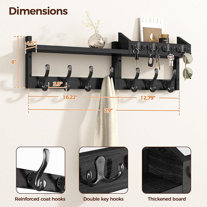 Evermagin 29" Coat Rack Wall Mount with Shelf & 11 Hooks, Entryway, Black | 4-in-1: coat hooks, key hanger, mail holder & display shelf. Pine wood. For bedroom, hallway, mudroom, livingroom