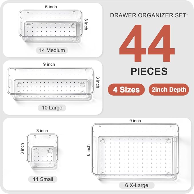 44 Pcs Makeup Drawer Organizer Set, 4 Sizes Versatile Vanity Drawer Organizer for Makeup, Non-Slip Desk Organizer Trays for Bathroom, Bedroom, Office, Fits Jewelry and Office Supplies