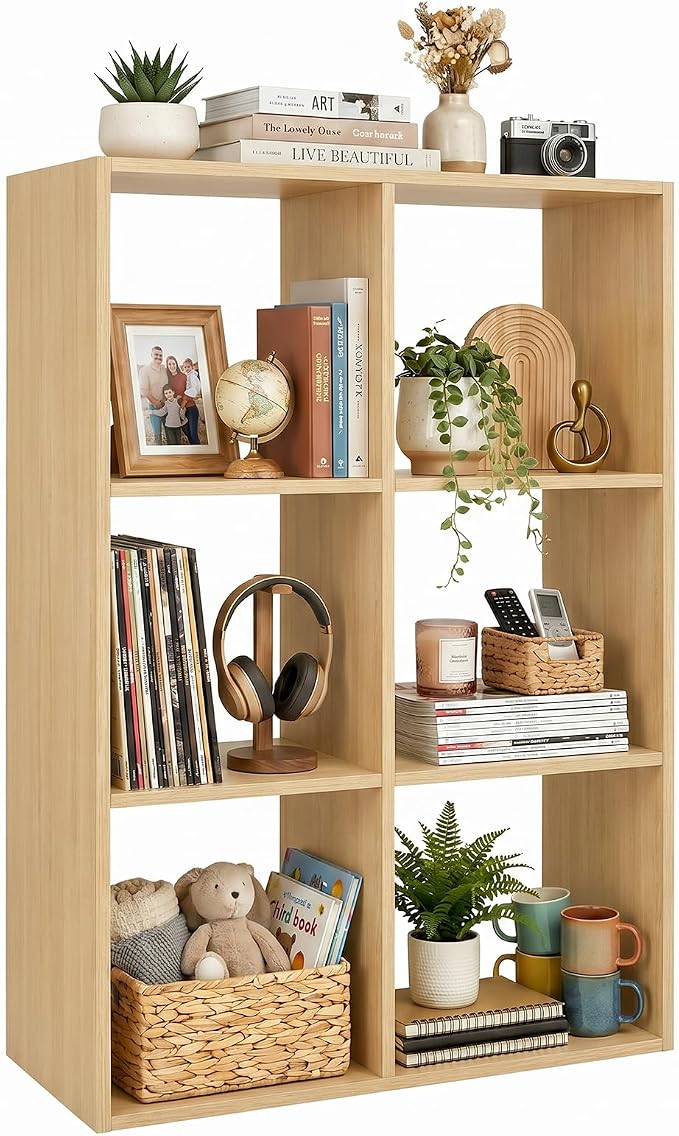 WannabeMyself【Sturdy Build&Easy Assembly】6 Cube Storage Organizer with Anti-Tipping Kits,Reversible Open Back Book Shelf, Bookcase for Living Room,Bedroom,Entrance Hall,Office,24.1×11.4×35.9,Oak Color