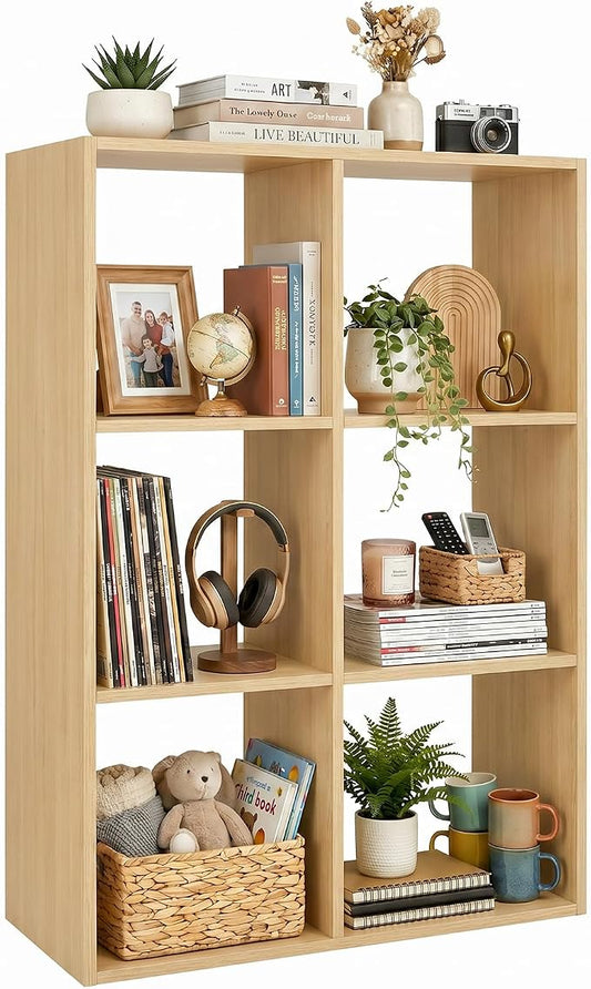 WannabeMyself【Sturdy Build&Easy Assembly】6 Cube Storage Organizer with Anti-Tipping Kits,Reversible Open Back Book Shelf, Bookcase for Living Room,Bedroom,Entrance Hall,Office,24.1×11.4×35.9,Oak Color