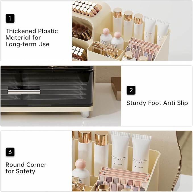 UFORU Makeup Organizer Countertop with Brush Holder for Vanity Bathroom | Large Capacity, Thickened Plastic, 2 Clear Drawers, Compact Size, Detachable Brush Holder, Divided Compartments, Easy Access