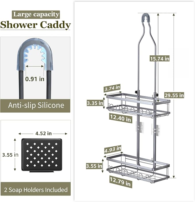 Skyapex Shower Caddy Hanging: Adjustable Height Organizer for Over Showerhead - Rustproof Shower Shelves with Hooks & 2 Soap Holders