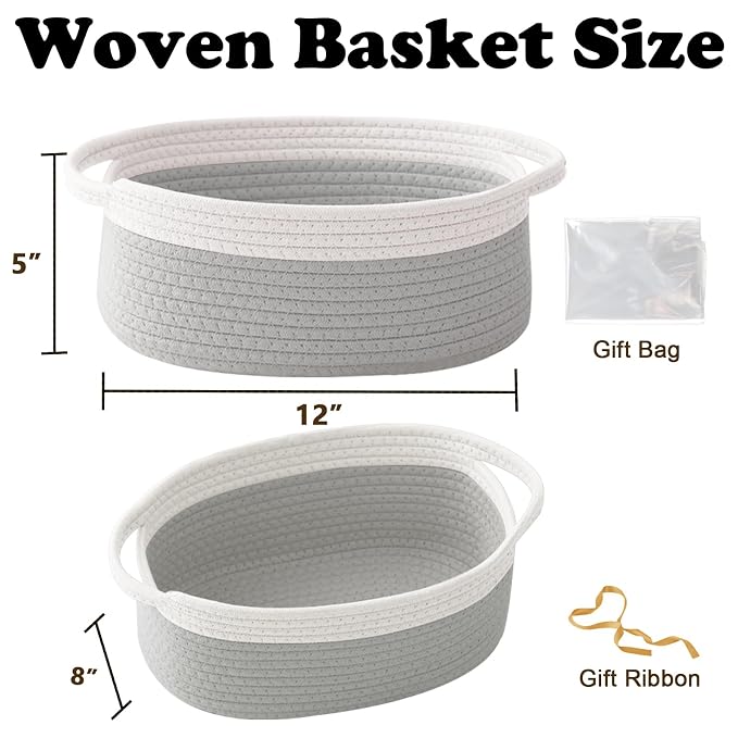 2 Pack Small Woven Rope Basket with Handles, White&Grey | Empty Gifts Basket with Bag and Ribbons, Cute Handle Organizer Box, Birthday/Baby Shower, Toy Storage