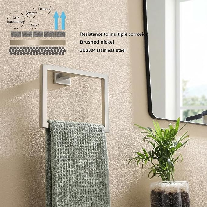 5-Piece Bathroom Hardware Set, 23.6 in Towel Bar, Brushed Nickel | SUS304 stainless steel, 55 mm square bases, concealed screw mount, towel ring, toilet paper holder, 2 robe hooks