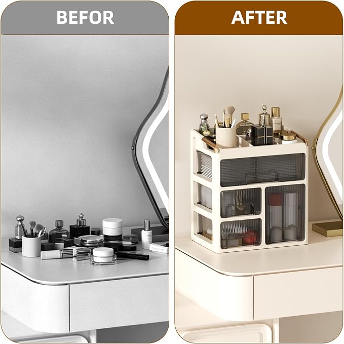 GearFusion Cosmetic Organizer, Makeup Storage Box with Drawers for Vanity, Plastic Beauty Countertop Cabinet with Clear Doors, Skincare, Perfume, Lipstick, Brush Holder for Dresser, Bathroom, Bedroom