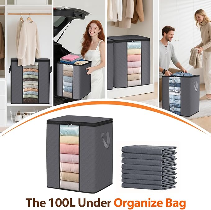 SpaceWhisper 8 Pack 100L Clothes Storage, Foldable Thick Fabric Blanket Storage Bags, Containers for Organizing Bedroom, Closet, Clothing, Comforter,Closet Organization with Handle,Grey