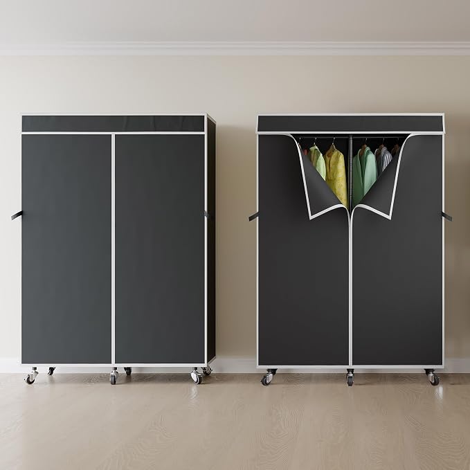 Higeego H9 Garment Rack with Cover, Heavy Duty Clothing Rack for Hanging Clothes, Portable Closet with wheels, Wardrobe Closet with Adjustable Shelves, Black Rack Shelf with Black Fabric Cover