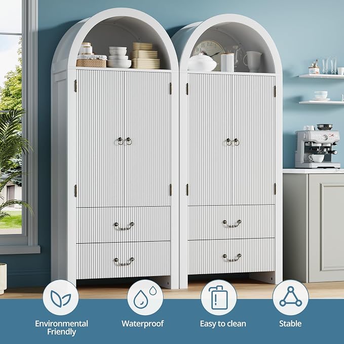 FURSUN 71" Arched Storage Cabinet with Fluted Doors, Tall Wood Pantry Cabinet with Drawers & Adjustable Shelves, Modern Coffee Bar Cabinet, White