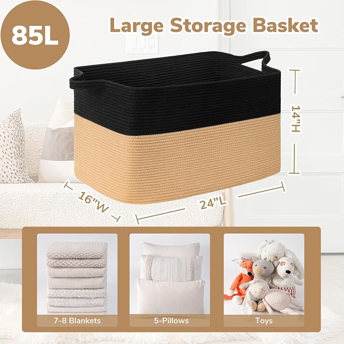 Goodpick Large Wicker Blanket Basket, Cotton Rope Storage, Black & Camel | 85L, 23.6 x 15.7 x 13.8 in, Home Organization & Decor, Blankets, Pillows, Toys & Clothes Storage for Living Room and Bedroom
