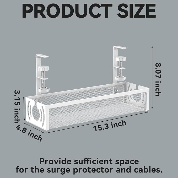 Cable Management, 15'' Under Desk Cable Management Tray No Drill | Metal Cable Organizer with Clamp for Wire Management, Cord Organizer for Home Office, Desk Accessories Organizer, White
