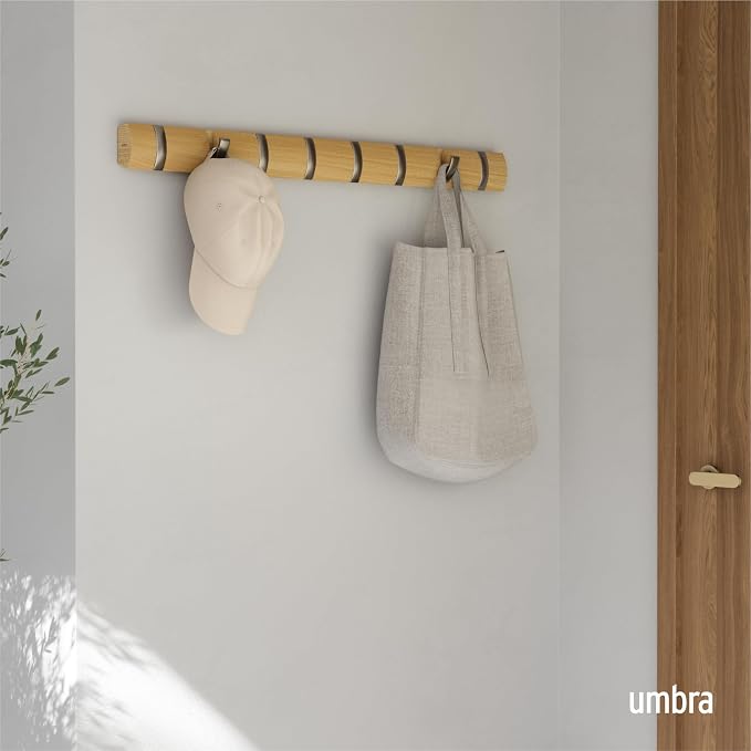 Umbra Flip Coat Rack, Wall Mount 8-Hook, Space Saving, Natural/Nickel | Real wood and steel build, retractable hooks fold flat, holds coats bags and scarves, easy install