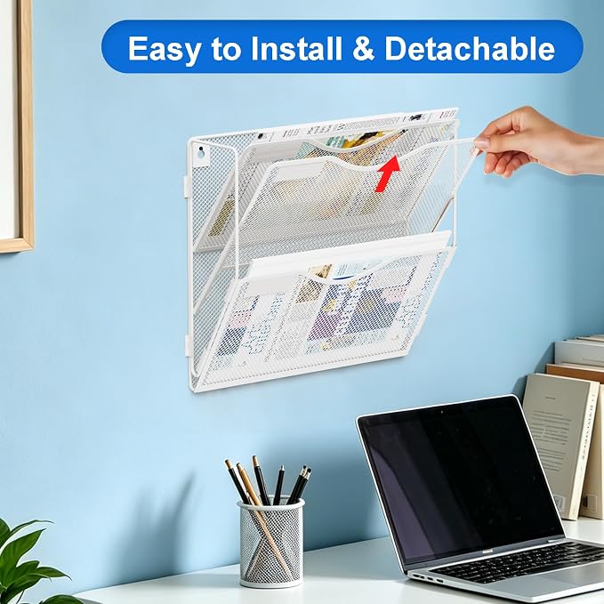 BOHDK Wall File Organizer, Hanging File Folder Organizer, Vertical Mesh Metal Door/Wall Mount Hanging File Holder. Paper Document Magazine Rack with Hooks for Home Office Black (3 Pockets White)