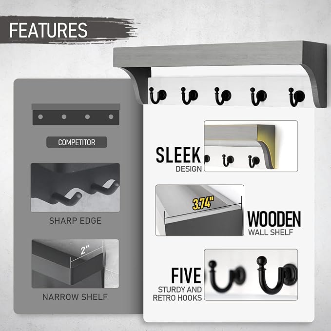 Rebee Vision Key Holder Wall Mount with Shelf for Home Decor, Gray & White | 5 Hooks, Modern Key Holder for Wall, Floating Shelf, Plant Display, Key Hanger for Wallets, Apartment Essential, House Decor