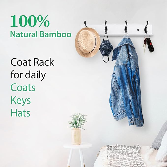 Badiano Wooden Coat Rack, Wall-Mounted Organizer for Closet, Entryway, Hallway, Foyer, Bedroom, Heavy Duty Double Hooks for Hanging Towels, Bags, Hats, Jackets, Key (WhiteBlack, 4 Hooks)